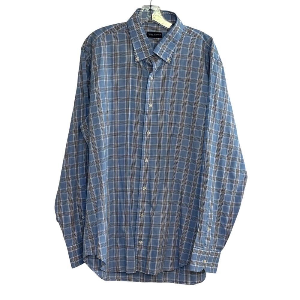 Peter Millar Men’s Shirt Sz XL Blue Plaid Button Up Long Sleeve 100% Cotton